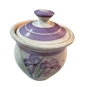 Vintage Handmade Studio Pottery Garlic Keeper Jar Lidded Floral Purple Farmhouse